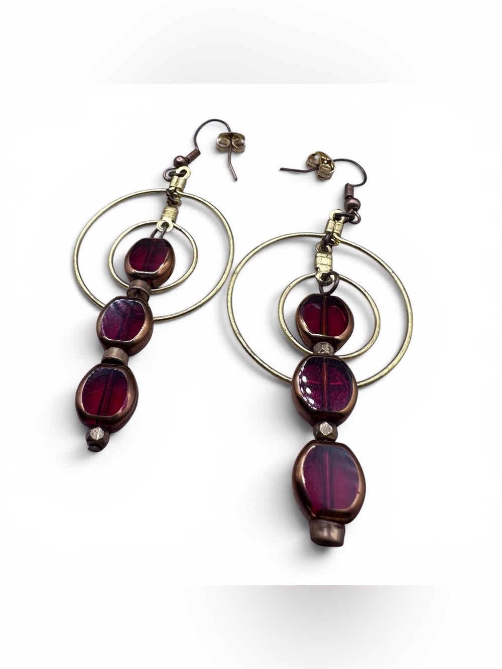 Gold Hoop Drop Earrings with Burgundy Glass Beads - Women Jewelry